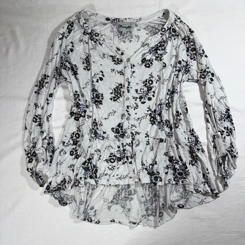 Wrangler Womens Floral Peplum High Low Blouse White Blue Button Front Large